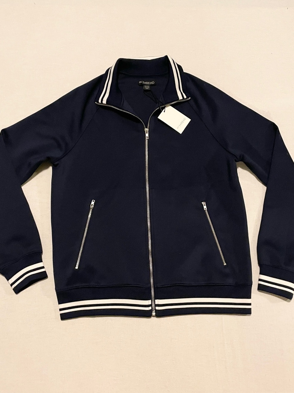 en THREAD Navy Blue Full Zip Track Jacket Sporty White Stripes Size Small Flaws